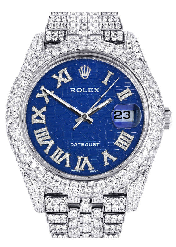 Diamond Iced Out Rolex Datejust 41 | 25 Carats Of Diamonds | Custom Blue Text Pattern Dial | Two Row | Jubilee Band