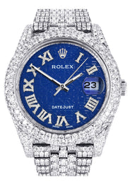 Womens Diamond Iced Out Rolex Datejust 41 | 25 Carats Of Diamonds | Custom Blue Text Pattern Dial | Two Row | Jubilee Band