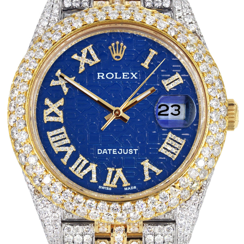 Womens Diamond Iced Out Rolex Datejust 41 | 25 Carats Of Diamonds | Blue Text Pattern Dial | Two Tone | Two Row | Jubilee Band