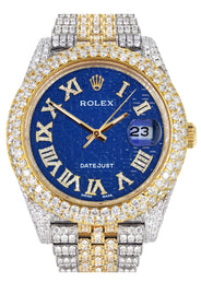 Womens Diamond Iced Out Rolex Datejust 41 | 25 Carats Of Diamonds | Blue Text Pattern Dial | Two Tone | Two Row | Jubilee Band