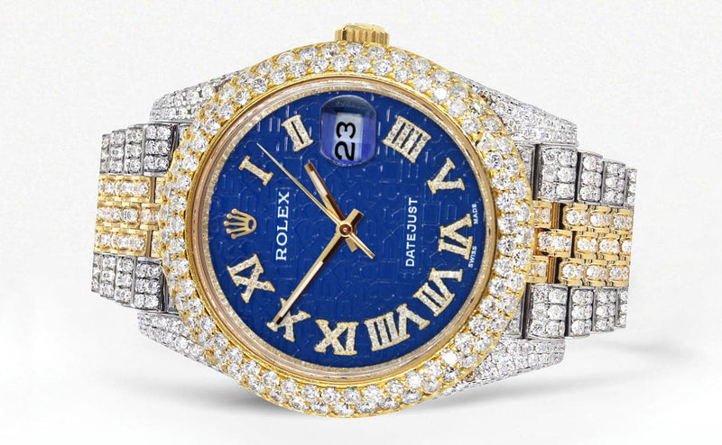 Diamond Iced Out Rolex Datejust 41 | 25 Carats Of Diamonds | Blue Text Pattern Dial | Two Tone | Two Row | Jubilee Band