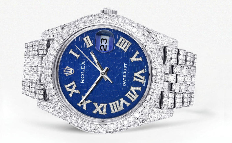 Diamond Iced Out Rolex Datejust 41 | 25 Carats Of Diamonds | Custom Blue Text Pattern Dial | Two Row | Jubilee Band