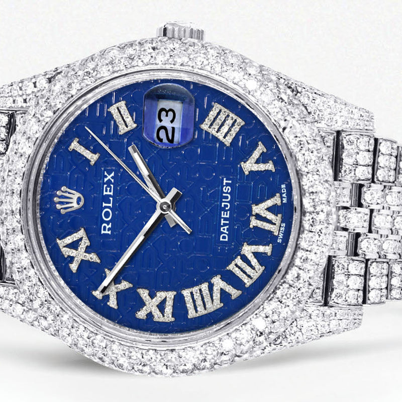Womens Diamond Iced Out Rolex Datejust 41 | 25 Carats Of Diamonds | Custom Blue Text Pattern Dial | Two Row | Jubilee Band