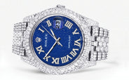 Womens Diamond Iced Out Rolex Datejust 41 | 25 Carats Of Diamonds | Custom Blue Text Pattern Dial | Two Row | Jubilee Band