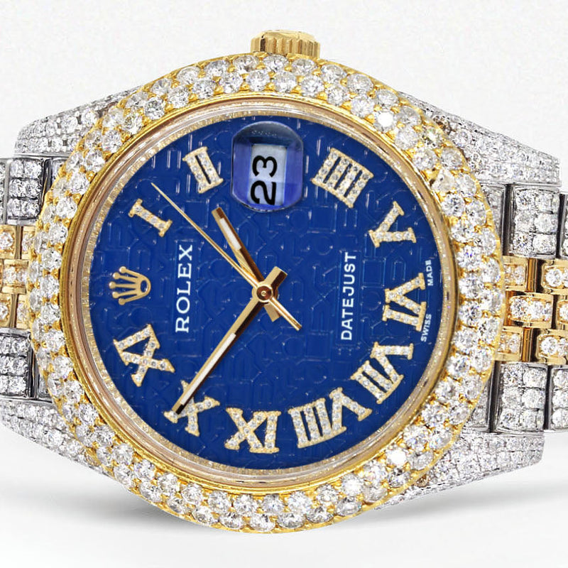 Womens Diamond Iced Out Rolex Datejust 41 | 25 Carats Of Diamonds | Blue Text Pattern Dial | Two Tone | Two Row | Jubilee Band