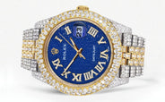 Womens Diamond Iced Out Rolex Datejust 41 | 25 Carats Of Diamonds | Blue Text Pattern Dial | Two Tone | Two Row | Jubilee Band