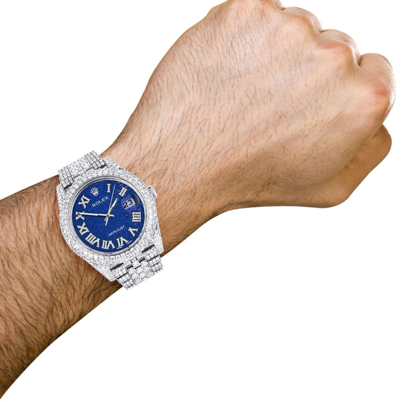 Diamond Iced Out Rolex Datejust 41 | 25 Carats Of Diamonds | Custom Blue Text Pattern Dial | Two Row | Jubilee Band