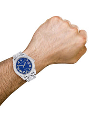 Diamond Iced Out Rolex Datejust 41 | 25 Carats Of Diamonds | Custom Blue Text Pattern Dial | Two Row | Jubilee Band