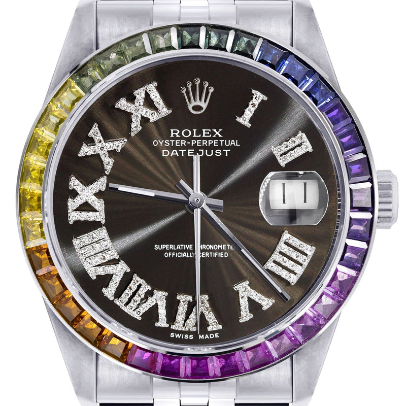 Diamond Gold Rolex Watch For Men 16200 | 36Mm | Rainbow Sapphire Bezel | Brown Roman Numeral Dial | Jubilee Band