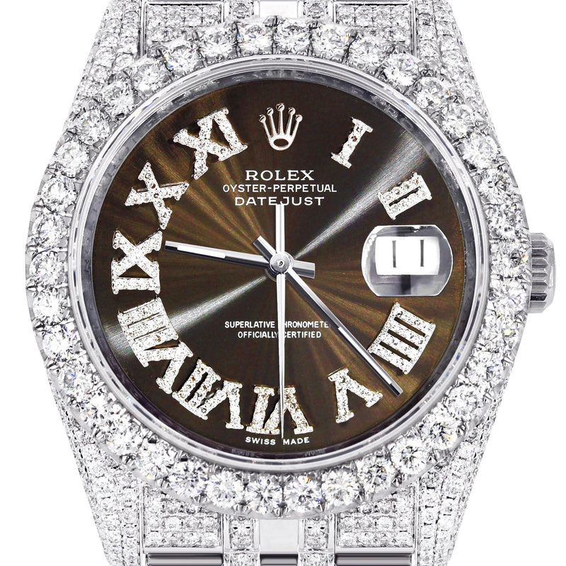 Iced Out Rolex Datejust 36 MM | Stainless Steel | 10 Carats of Diamonds | Brown Roman Diamond Dial | Jubilee Band