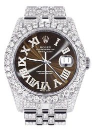 Iced Out Rolex Datejust 36 MM | Stainless Steel | 10 Carats of Diamonds | Brown Roman Diamond Dial | Jubilee Band