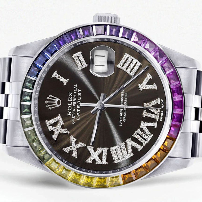Diamond Gold Rolex Watch For Men 16200 | 36Mm | Rainbow Sapphire Bezel | Brown Roman Numeral Dial | Jubilee Band