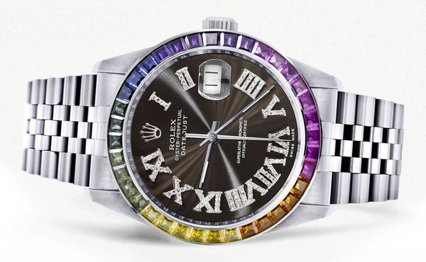 Diamond Gold Rolex Watch For Men 16200 | 36Mm | Rainbow Sapphire Bezel | Brown Roman Numeral Dial | Jubilee Band