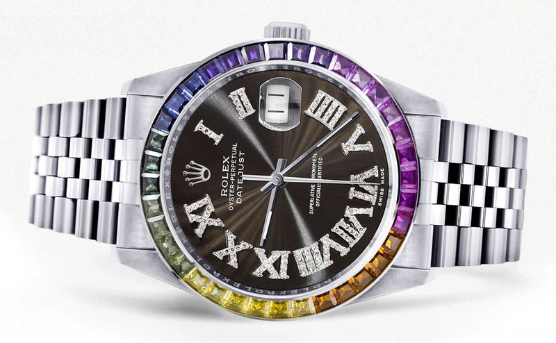 Diamond Gold Rolex Watch For Men 16200 | 36Mm | Rainbow Sapphire Bezel | Brown Roman Numeral Dial | Jubilee Band