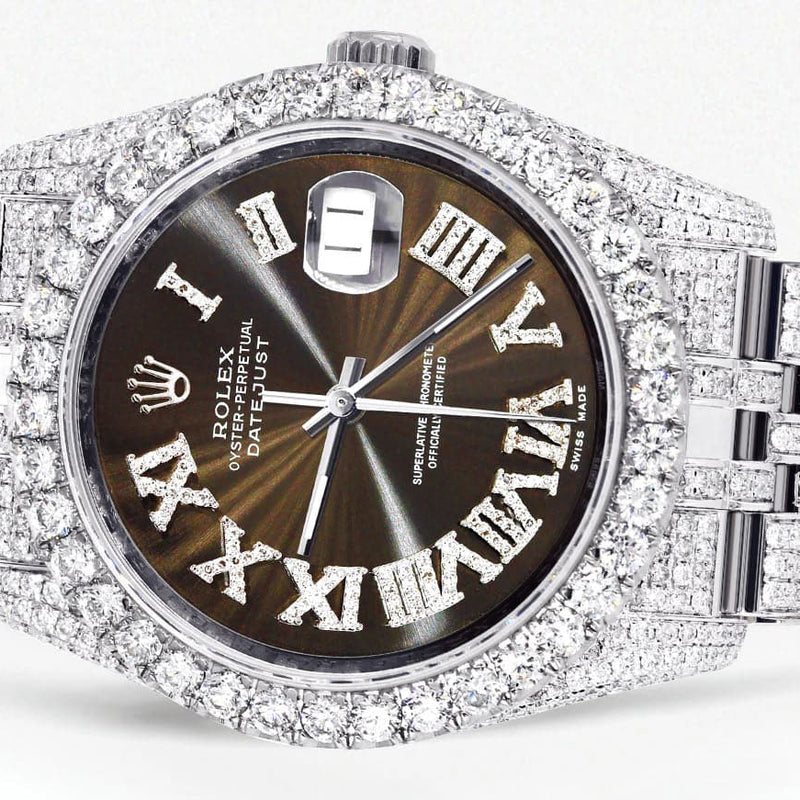 Iced Out Rolex Datejust 36 MM | Stainless Steel | 10 Carats of Diamonds | Brown Roman Diamond Dial | Jubilee Band
