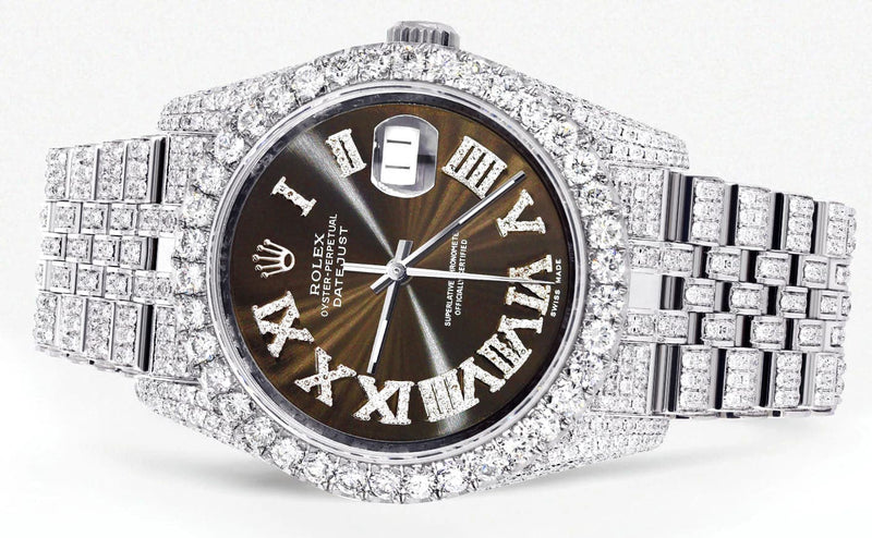 Iced Out Rolex Datejust 36 MM | Stainless Steel | 10 Carats of Diamonds | Brown Roman Diamond Dial | Jubilee Band