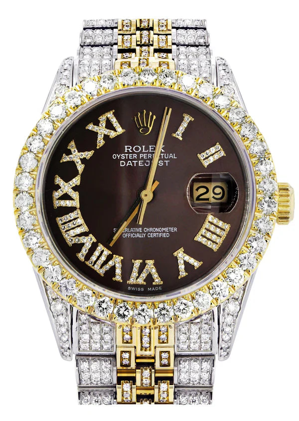 Iced Out Rolex Datejust | 36MM | Chocolate Roman Diamond Dial | Two Tone | Diamond Jubilee Band | 10 Carats of Diamonds