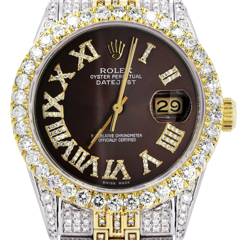 Iced Out Rolex Datejust 36 MM | Two Tone | 10 Carats of Diamonds | Chocolate Roman Diamond Dial