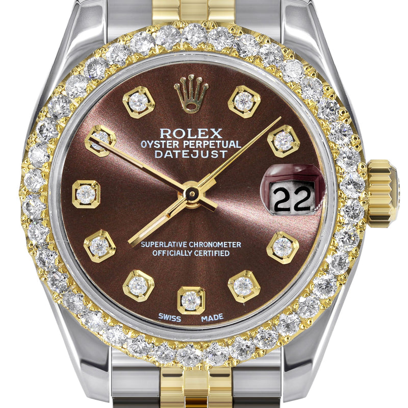 Womens Diamond Gold Hidden Clasp Rolex Watch | 1 Carat Bezel | 26Mm | Chocolate Dial | Jubilee Band | Model 179173