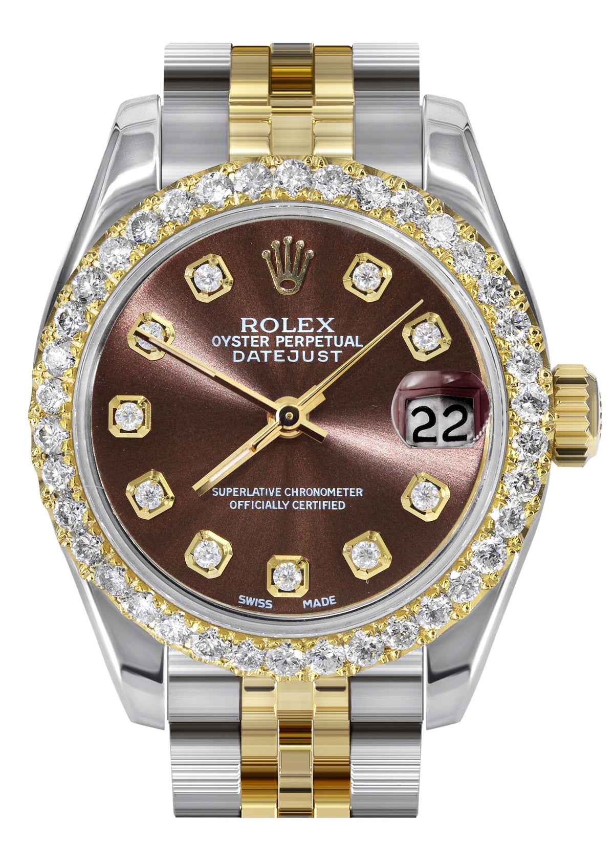 Womens Diamond Gold Hidden Clasp Rolex Watch | 1 Carat Bezel | 26Mm | Chocolate Dial | Jubilee Band | Model 179173