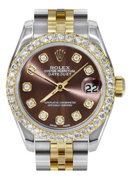 Womens Diamond Gold Hidden Clasp Rolex Watch | 1 Carat Bezel | 26Mm | Chocolate Dial | Jubilee Band | Model 179173