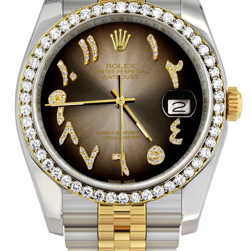 116233 | Hidden Clasp | Gold & Steel Rolex Datejust Watch | 36Mm | Brown Arabic Diamond Dial | Jubilee Band