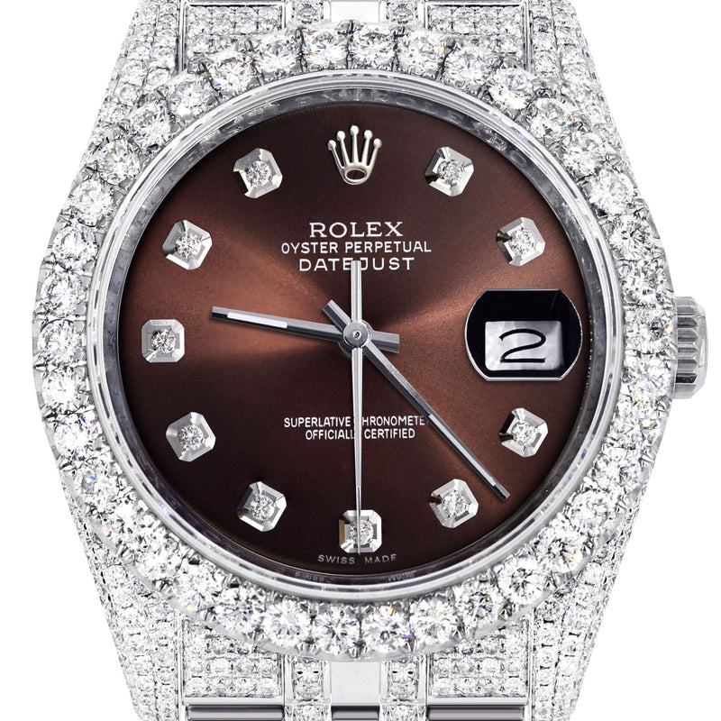 Iced Out Rolex Datejust 36 MM | Stainless Steel | 16.5 Carats of Diamonds | Brown Diamond Dial | Jubilee Band | Model 116200