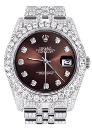 Iced Out Rolex Datejust 36 MM | Stainless Steel | 16.5 Carats of Diamonds | Brown Diamond Dial | Jubilee Band | Model 116200