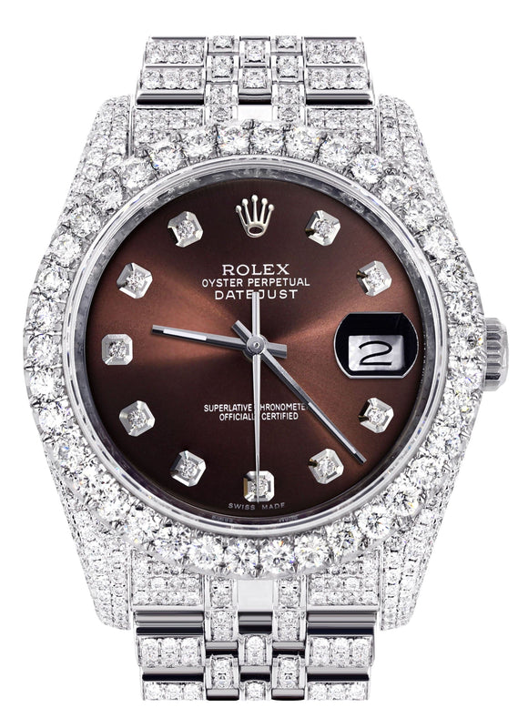 Iced Out Rolex Datejust 36 MM | Stainless Steel | 16.5 Carats of Diamonds | Brown Diamond Dial | Jubilee Band | Model 116200