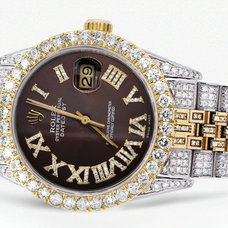 Iced Out Rolex Datejust 36 MM | Two Tone | 10 Carats of Diamonds | Chocolate Roman Diamond Dial