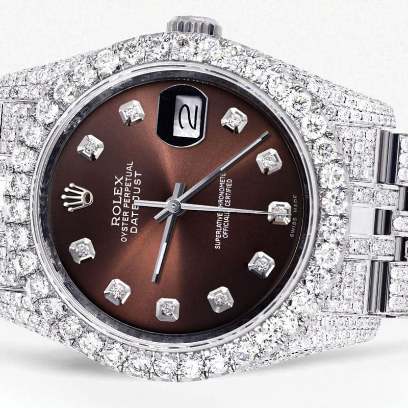Iced Out Rolex Datejust 36 MM | Stainless Steel | 16.5 Carats of Diamonds | Brown Diamond Dial | Jubilee Band | Model 116200