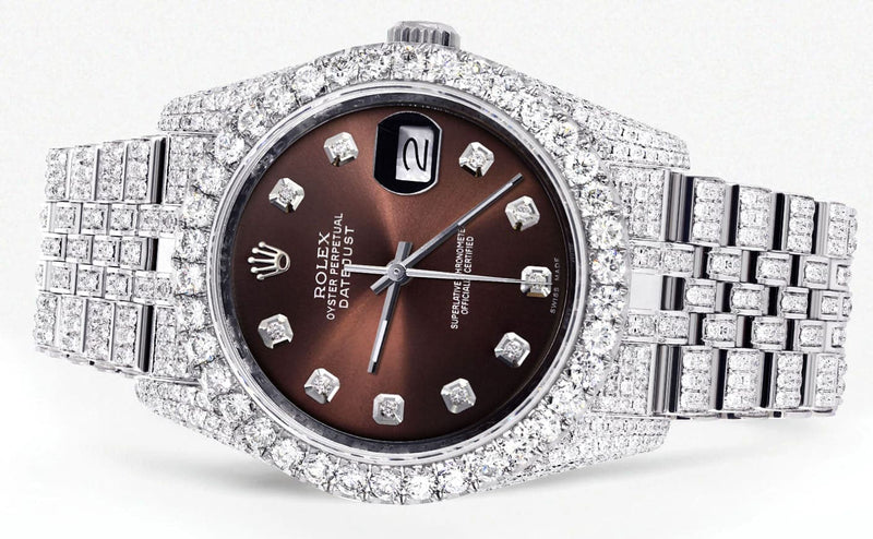 Iced Out Rolex Datejust 36 MM | Stainless Steel | 16.5 Carats of Diamonds | Brown Diamond Dial | Jubilee Band | Model 116200
