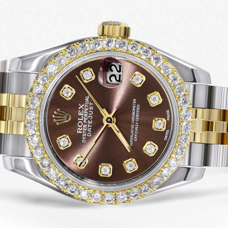 Womens Diamond Gold Hidden Clasp Rolex Watch | 1 Carat Bezel | 26Mm | Chocolate Dial | Jubilee Band | Model 179173