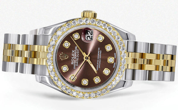 Womens Diamond Gold Hidden Clasp Rolex Watch | 1 Carat Bezel | 26Mm | Chocolate Dial | Jubilee Band | Model 179173