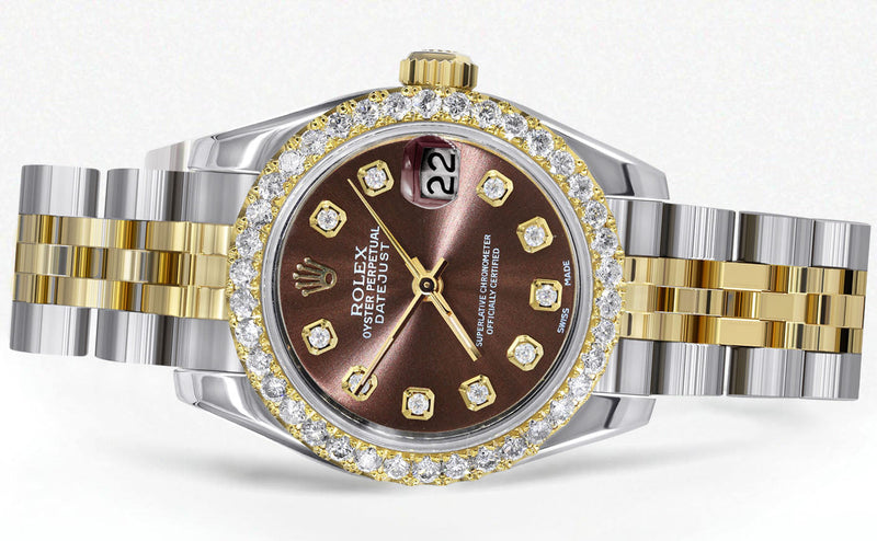 Womens Diamond Gold Hidden Clasp Rolex Watch | 1 Carat Bezel | 26Mm | Chocolate Dial | Jubilee Band | Model 179173