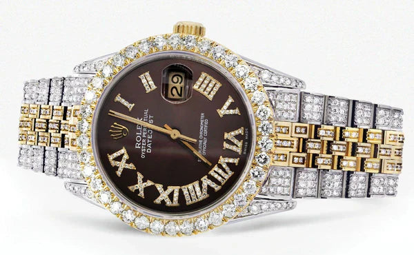Iced Out Rolex Datejust | 36MM | Chocolate Roman Diamond Dial | Two Tone | Diamond Jubilee Band | 10 Carats of Diamonds