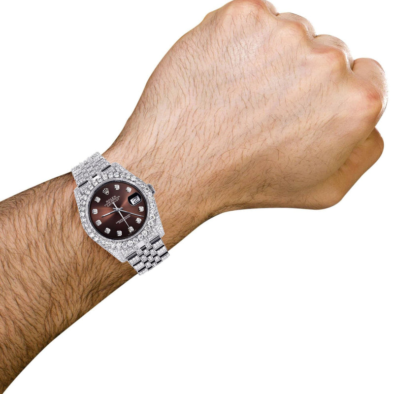 Iced Out Rolex Datejust 36 MM | Stainless Steel | 16.5 Carats of Diamonds | Brown Diamond Dial | Jubilee Band | Model 116200