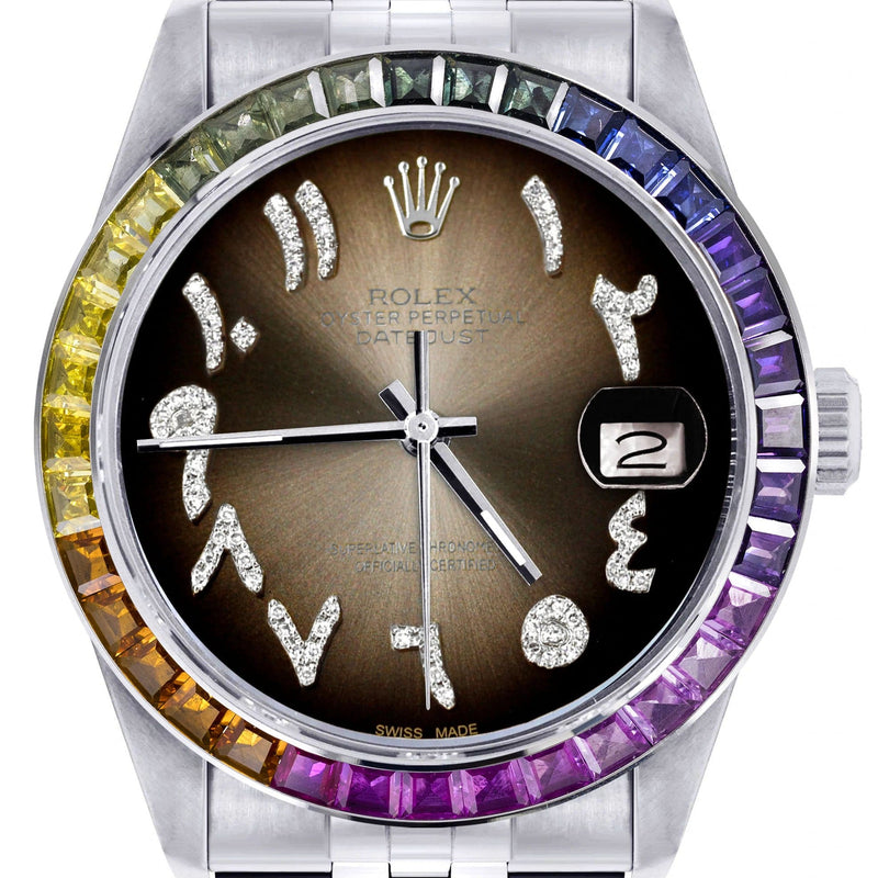 Diamond Gold Rolex Watch For Men 16200 | 36Mm | Rainbow Sapphire Bezel | Brown Arabic Numeral Dial | Jubilee Band
