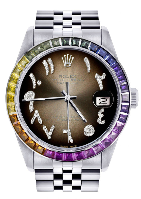 Diamond Gold Rolex Watch For Men 16200 | 36Mm | Rainbow Sapphire Bezel | Brown Arabic Numeral Dial | Jubilee Band
