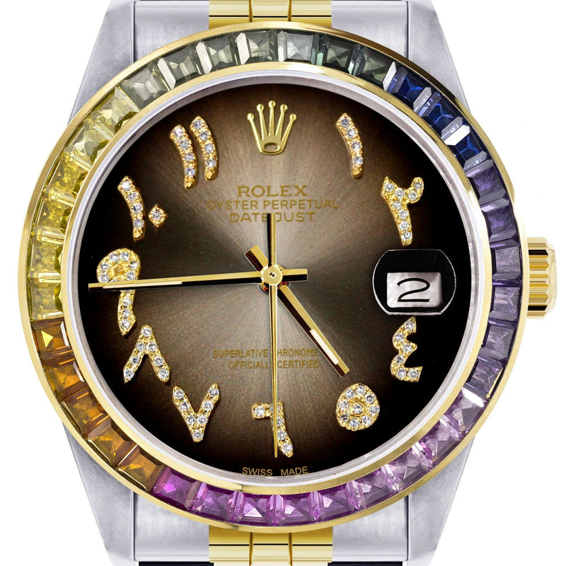 Diamond Gold Rolex Watch For Men 16233 | 36Mm | Rainbow Sapphire Bezel | Diamond Brown Arabic Numeral Dial | Jubilee Band