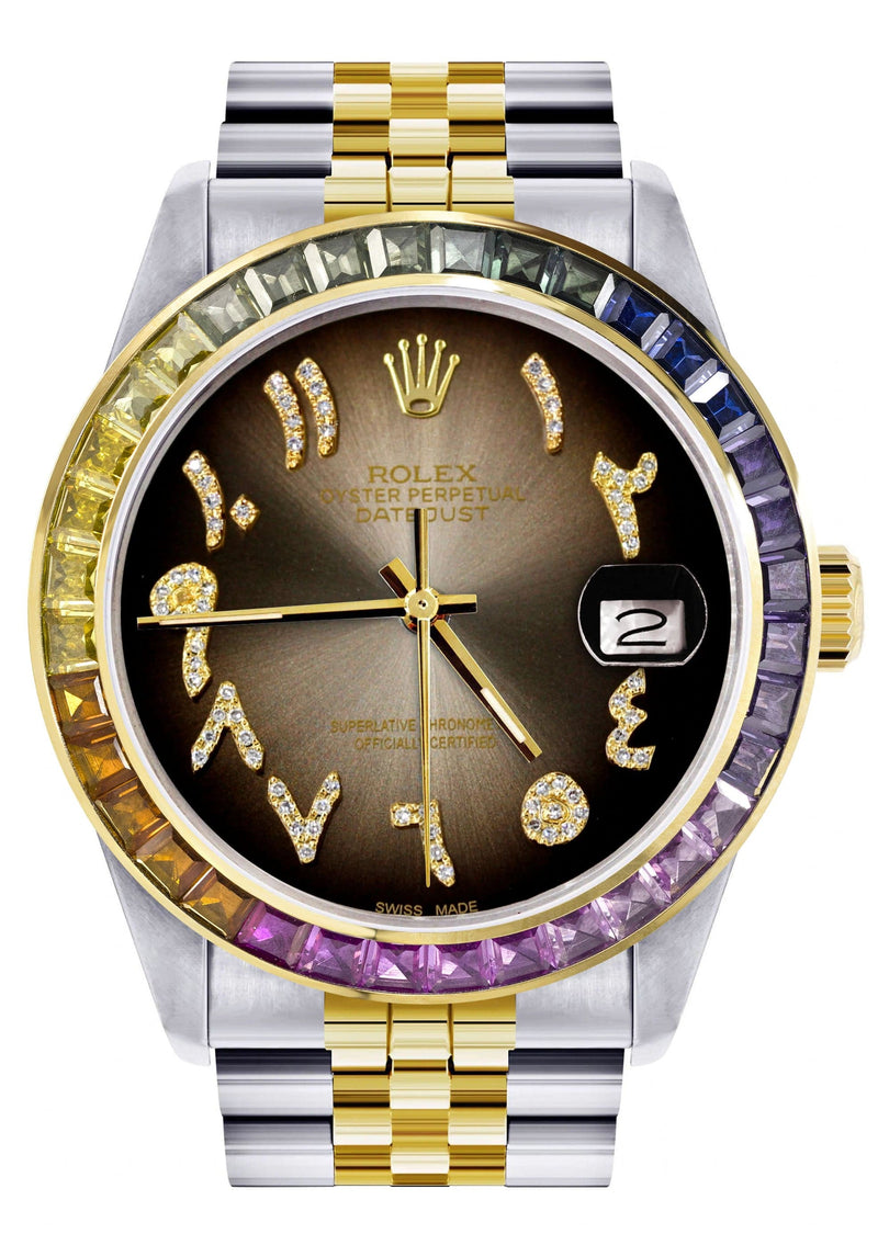 Diamond Gold Rolex Watch For Men 16233 | 36Mm | Rainbow Sapphire Bezel | Diamond Brown Arabic Numeral Dial | Jubilee Band
