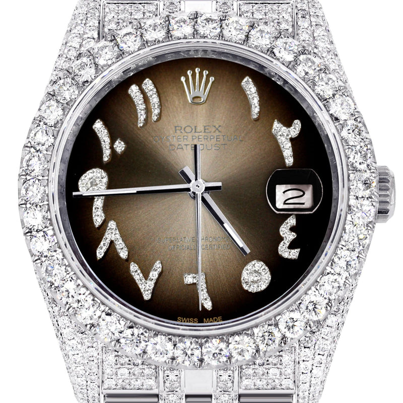 Iced Out Rolex Datejust 36 MM | Stainless Steel | 10 Carats of Diamonds | Brown Arabic Diamond Dial | Jubilee Band