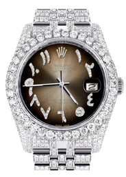 Iced Out Rolex Datejust 36 MM | Stainless Steel | 10 Carats of Diamonds | Brown Arabic Diamond Dial | Jubilee Band