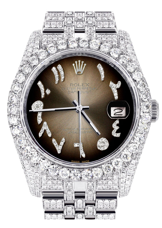 Iced Out Rolex Datejust 36 MM | Stainless Steel | 10 Carats of Diamonds | Brown Arabic Diamond Dial | Jubilee Band