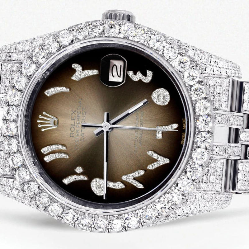 Iced Out Rolex Datejust 36 MM | Stainless Steel | 10 Carats of Diamonds | Brown Arabic Diamond Dial | Jubilee Band