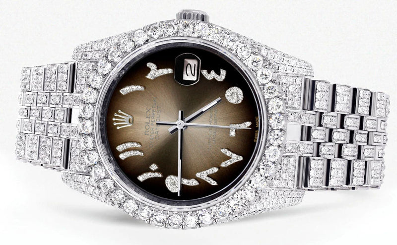 Iced Out Rolex Datejust 36 MM | Stainless Steel | 10 Carats of Diamonds | Brown Arabic Diamond Dial | Jubilee Band