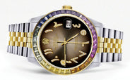 Diamond Gold Rolex Watch For Men 16233 | 36Mm | Rainbow Sapphire Bezel | Diamond Brown Arabic Numeral Dial | Jubilee Band