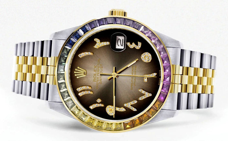 Diamond Gold Rolex Watch For Men 16233 | 36Mm | Rainbow Sapphire Bezel | Diamond Brown Arabic Numeral Dial | Jubilee Band