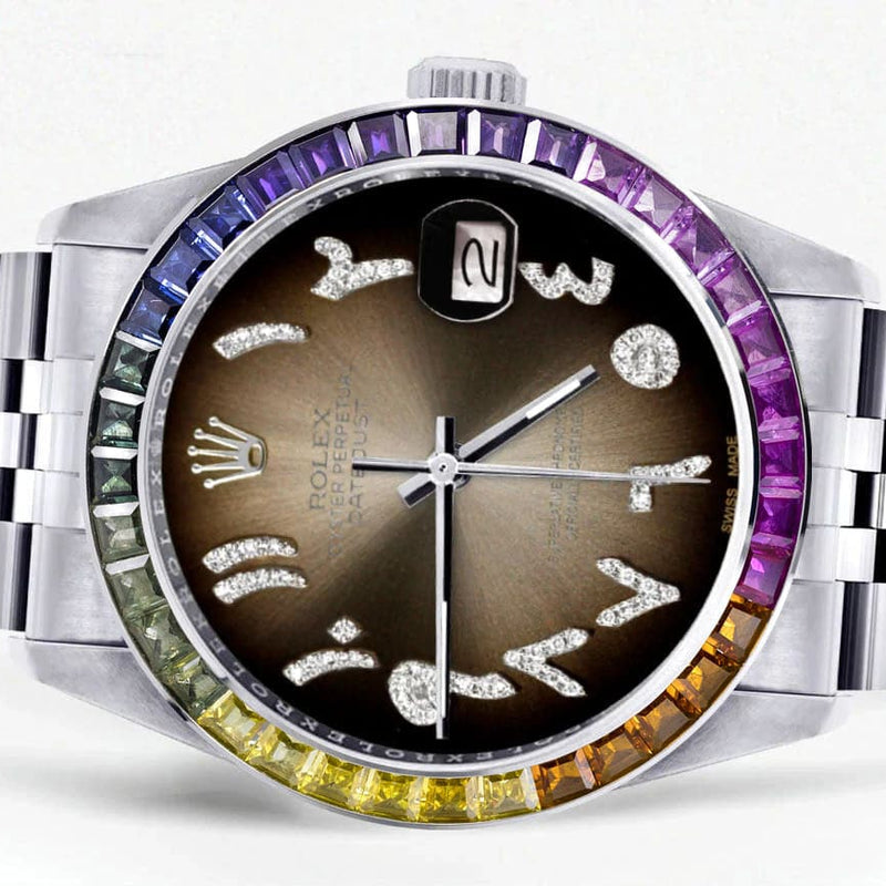 Diamond Gold Rolex Watch For Men 16200 | 36Mm | Rainbow Sapphire Bezel | Brown Arabic Numeral Dial | Jubilee Band
