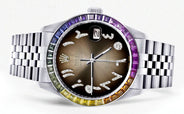 Diamond Gold Rolex Watch For Men 16200 | 36Mm | Rainbow Sapphire Bezel | Brown Arabic Numeral Dial | Jubilee Band